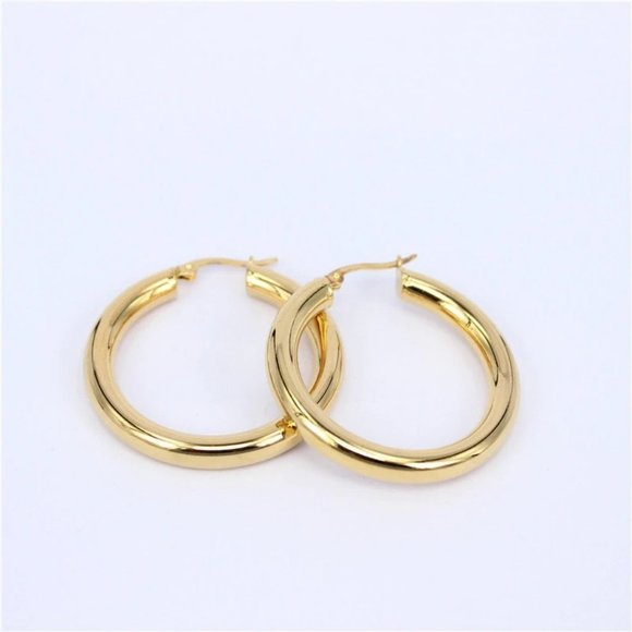 NEW 18K Yellow Gold Round 2'' Tube Hoop Earrings - Picture 5 of 9